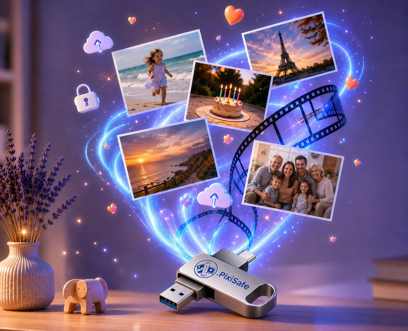 Clé USB PixiSafe entourée de photos de souvenirs : voyages, famille, amis, toutes les générations
